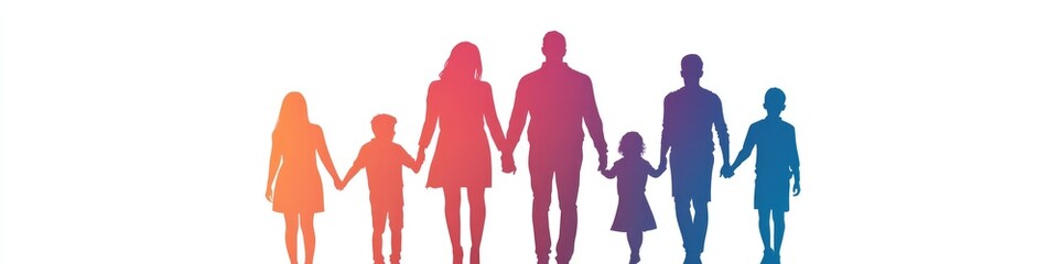 People with children, men and women standing together holding hands, isolated on a white background. Vector illustration.
