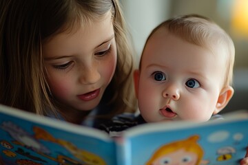 A young girl reads aloud to her baby brother, showing him the bright illustrations. He watches with big, curious eyes