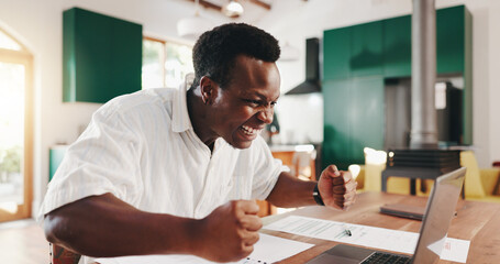 Happy, black man or winning with laptop for financial investment, profit or confirmation at home. Excited, male person or investor with fist pump or documents on computer for good news or application