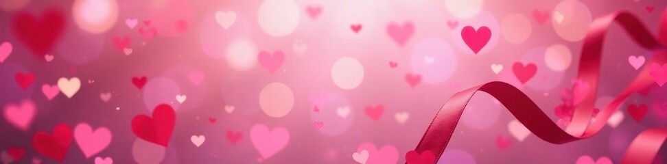 Blurred backdrop, pink hearts and ribbon dance, romantic feel, ribbon, romance