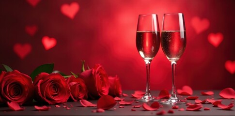 Champagne flutes, red roses, heart backdrop Romantic Valentine's Day scene , stock, pink