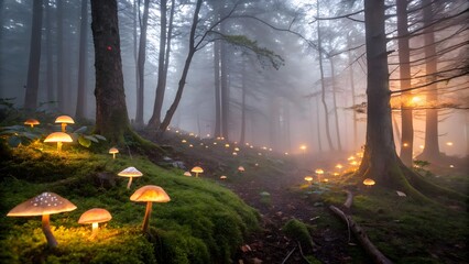 Enchanted Forest Path with Glowing Mushrooms and Mystical Misty Ambience