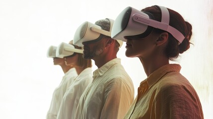 A group of people wearing VR headsets, immersed in a shared virtual reality experience in a minimalist, futuristic setting