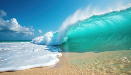 Giant wave curls, spilling onto a sandy beach, intense, green, image