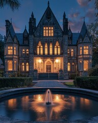 Obraz premium A gothic-style mansion illuminated at dusk with glowing windows and a fountain in the foreground. The grand architecture and moody lighting create a mysterious and elegant atmosphere