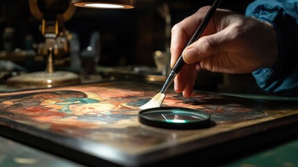 Obraz premium A conservator carefully restores an old painting using a fine brush under focused lighting. The detailed restoration process highlights craftsmanship and historical preservation