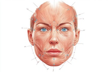 Detailed medical illustration of female facial anatomy with marked Botox injection points for cosmetic procedures. Generative AI