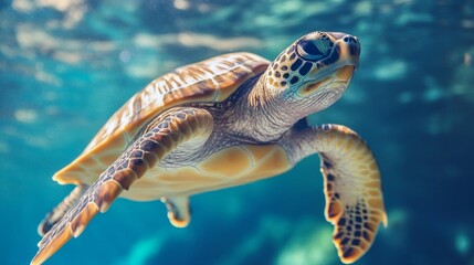 Obraz premium Sea Turtle Gracefully Swimming Underwater in a Vibrant Blue Ocean