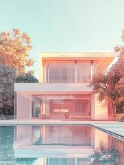 House rendering, elegant geometric home, soft pastel gradient background, premium architectural shot