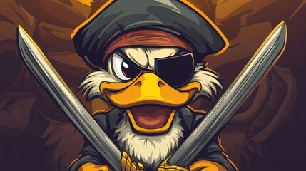 Cartoon pirate duck character brandishing swords, set against a vibrant, adventurous background