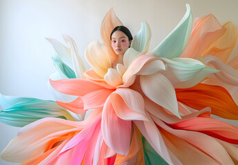 Fashion editorial Concept. Pale asian girl of high fashion couture tulle flowing conceptual and pleats petal like pastel colourful bridal angel dress. dynamic composition lighting. copy text space
