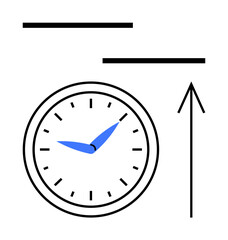 Large clock with black casing and blue hands showing twelve o clock. Upward direction arrow next to the clock. Ideal for productivity, time management, scheduling, growth, progress, deadlines