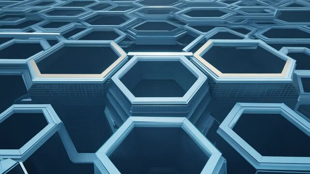 Rapid zoom out video of a single grey hexagon revealing a complex formation of hexagons in an abstract technological manner