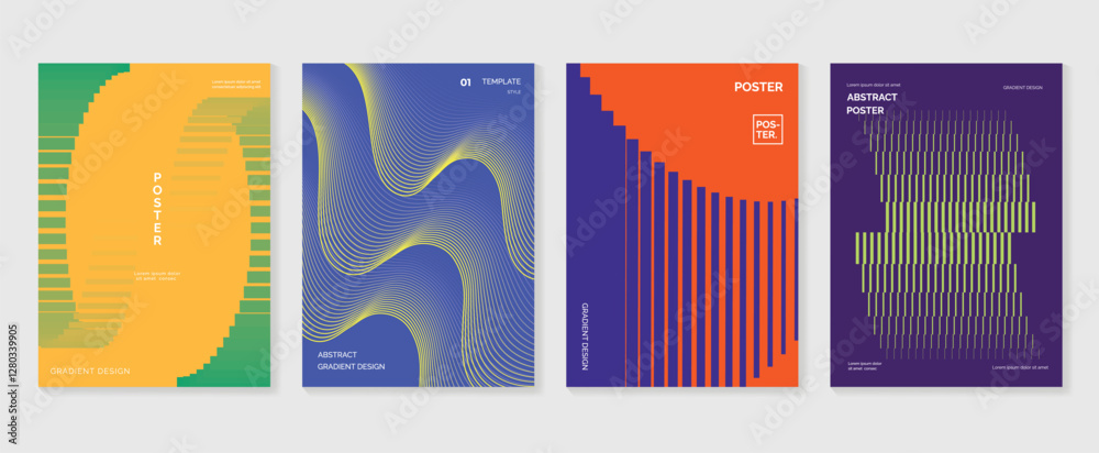 Poster abstract line wave poster background vector set. minimalist cover template with vibrant perspective 