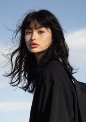 Fototapeta premium Portrait of a young woman with long, wavy black hair. she is standing outdoors with a clear blue sky in the background. the woman is wearing a black jacket and has a serious expression on her face.