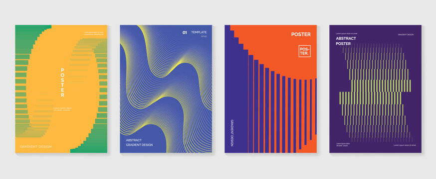 Abstract line wave poster background vector set. Minimalist cover template with vibrant perspective line wave in motion. Ideal design for social media, cover, banner, flyer, music, ads.