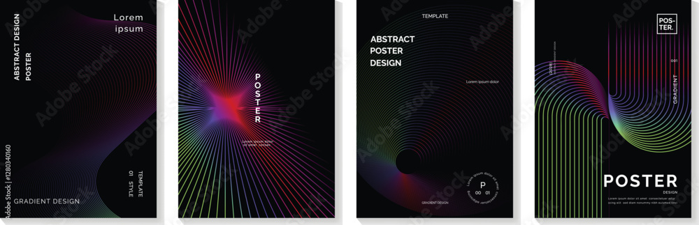 Poster abstract line wave poster background vector set. minimalist cover template with vibrant perspective 