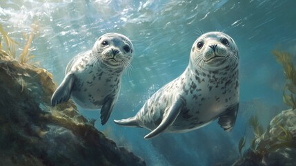 Fototapeta premium Two Harbor Seals Underwater in Rocky Ocean Habitat