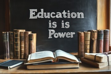 A scholarly scene with vintage books, an open textbook, and a bold "Education is Power" message in elegant white chalk lettering