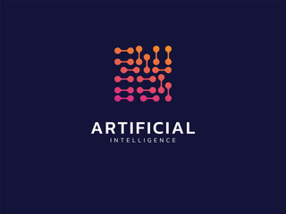 Artificial intelligence with digital square microchip shape technology Analysis logo vector design concept.  AI technology logotype symbol for advance technology, tech company, ui, online network, web