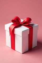 Fototapeta premium Elegant white gift box, tied with a vibrant red bow , elegant, texture, birthday