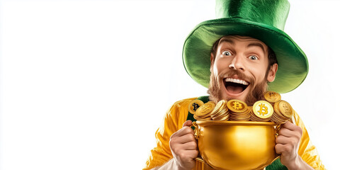 Leprechaun in green attire holding a pot filled with bitcoins while smiling with joy. Background is transparent, making it suitable for diverse marketing purposes across various sectors