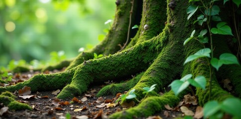 Mossy foliage wraps around ancient tree roots, vines tangled, greenery, vines