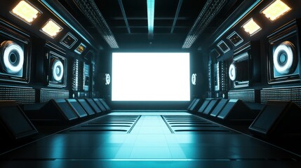 Futuristic interior of a high-tech room with bright screen and advanced lighting setup