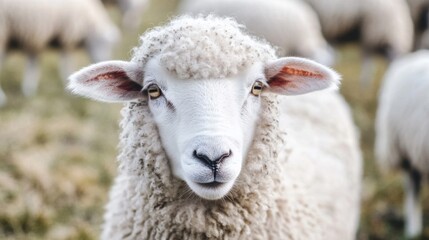 Fototapeta premium Close Up Portrait of a Fluffy White Sheep in a Field
