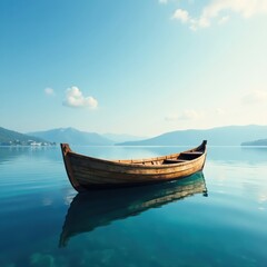 Weathered wooden boat gently bobs on a glassy lake, solitude, old