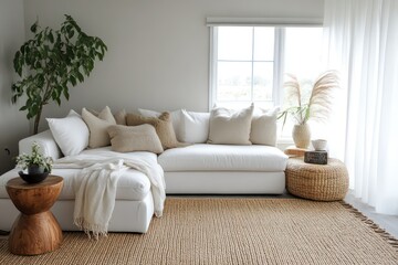 A serene and relaxing living room with a comfortable white sectional, a woven rug, a wooden side table, and soft mood lighting