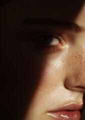 Fototapeta premium Close-up of a woman's face. the focus is on her eye, which is the focal point of the image. the eye is a deep blue color and is surrounded by dark shadows.