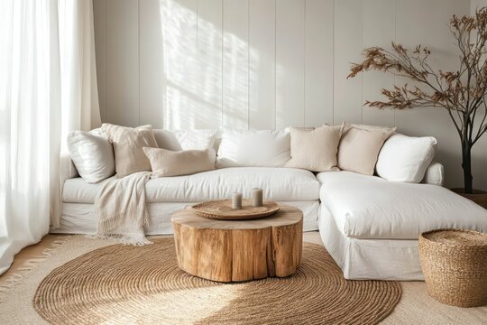 A serene and relaxing living room with a comfortable white sectional, a woven rug, a wooden side table, and soft mood lighting