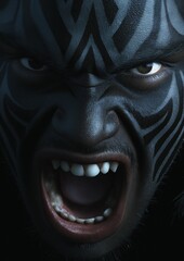 Naklejka premium Close-up of a person's face, specifically their face. the person appears to be angry or screaming, with their mouth wide open and their teeth bared.