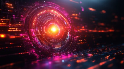 Fototapeta premium Abstract glowing circular technology interface with digital data streams.