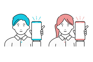 スマートフォンの画面を見せる若い男性と女性のイラスト