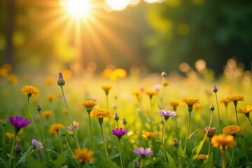Golden sunlight bathes a meadow bursting with wildflowers , flora, sunshine, bright
