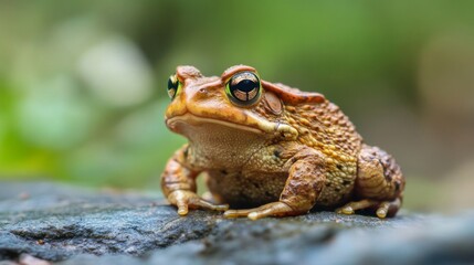Obraz premium Brown Toad Closeup on Dark Rock, Green Eyes, Blurred Background