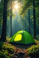 Green camping tent pitched in lush forest clearing, sunlight, stillness