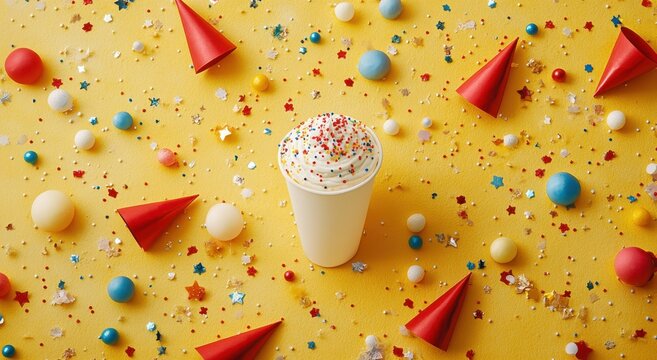 Colorful Party Background with Sweet Drink and Festive Decorations on Bright Yellow Surface Ideal for Celebrations and Event Promotions