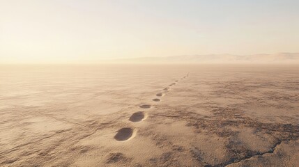 Footprints in the Sand at Dawn on a Vast and Tranquil Desert Landscape
