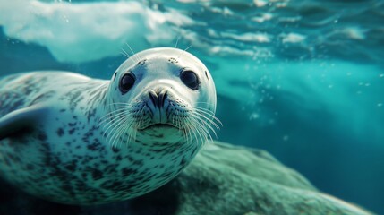 Fototapeta premium Curious Seal Underwater Closeup Portrait