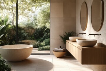 Fototapeta premium A serene Japandi bathroom featuring natural stone sinks, wooden cabinetry, and a deep soaking tub with a view of a lush garden