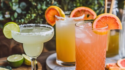 Fototapeta premium Refreshing cocktails served in elegant glasses with vibrant garnishes, perfect for summer gatherings.