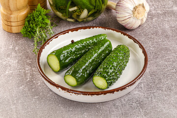 Homemade lighty salted cucumbers with herbs