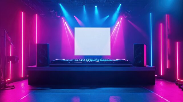 Vibrant nightclub scene with DJ booth illuminated by colorful lights and a blank screen