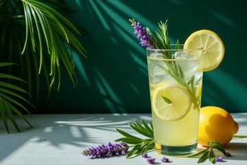 A refreshing beverage garnished with lemon and lavender on a surface