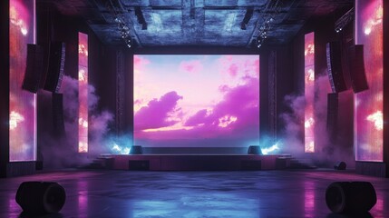 Obraz premium Vibrant stage setup with a large screen displaying colorful clouds and atmospheric lighting effects