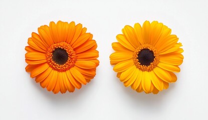 Close Up of Two Vibrant Orange and Yellow Daisy Flowers on White Background