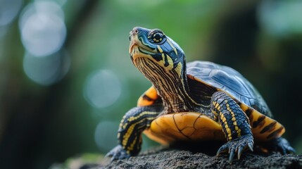Obraz premium Closeup of a Yellow Bellied Turtle on a Rock with Green Bokeh Background